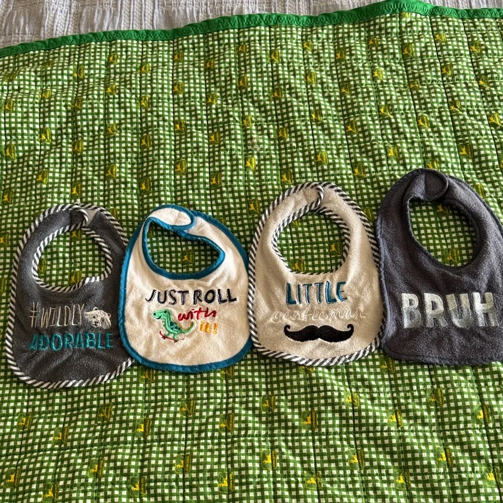 Adorable Dino and Mustache Baby Bib Set - Gray, Cream, Blue